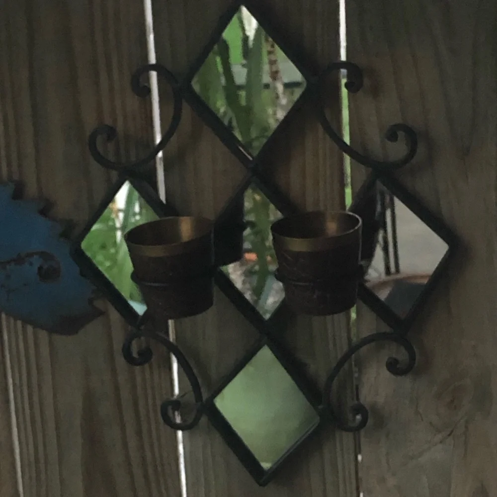 Vintage Black Metal Diamond Shaped Mirrored Wall Sconce with 4 Candle Votives